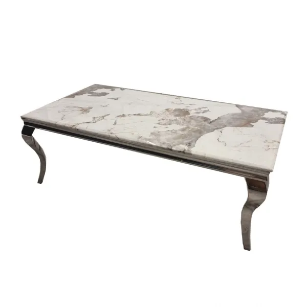 Modern Pandora Marble Top Rectangular Coffee Table with Chrome Metal Legs