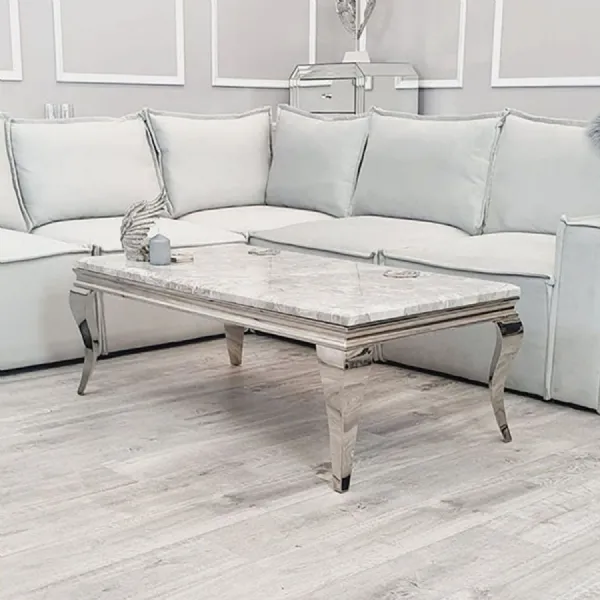 Modern White Marble Top Rectangular Coffee Table with Chrome Metal Legs