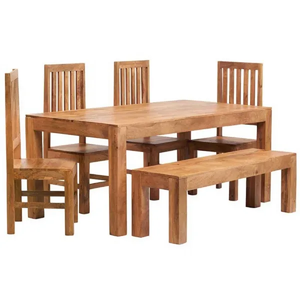Light Wood 180cm Large Dining Set with Bench and 4 Chairs