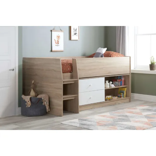 Oak Effect Wood 2 White Drawer Single Kids Cabin Bed