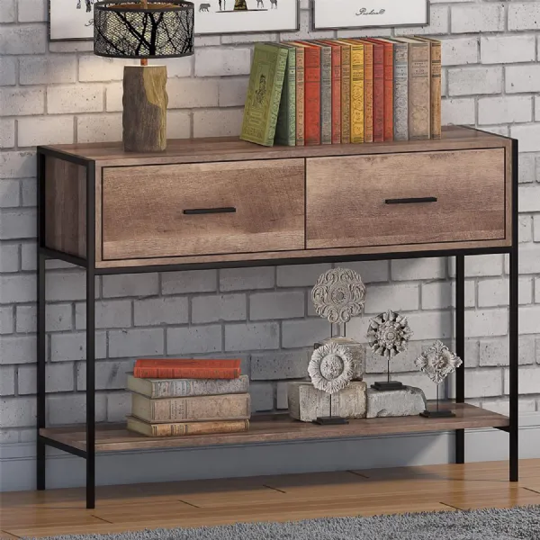 Loft Industrial 2 Drawer Console Table Wood Effect Black Metal Frame