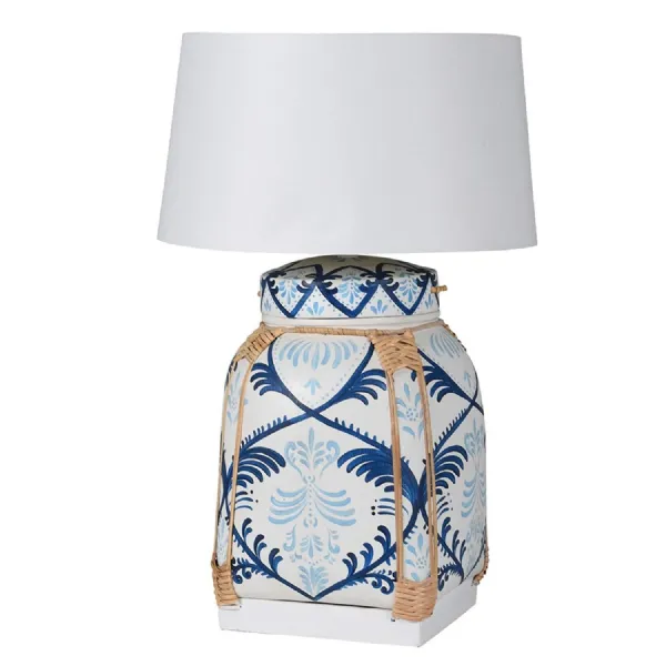 White and Blue Bamboo Hand Painted Table Lamp with Shade