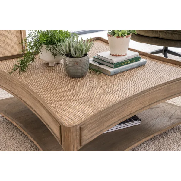 Rustic Style Oak Rattan Top Square Coffee Table with Shelf