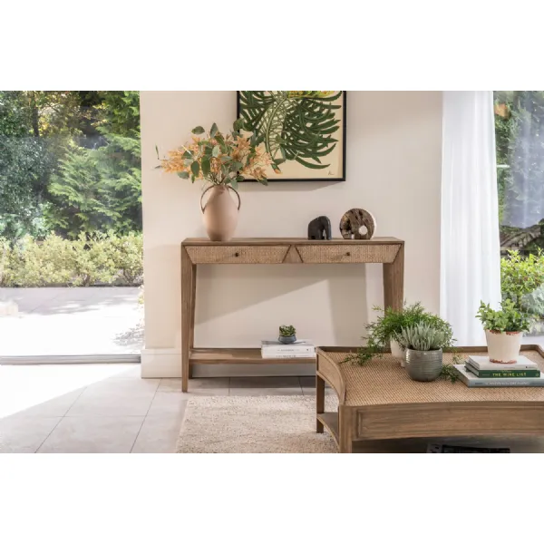 Natural Mango Wood 2 Rattan Textured Drawers Console Table with Shelf