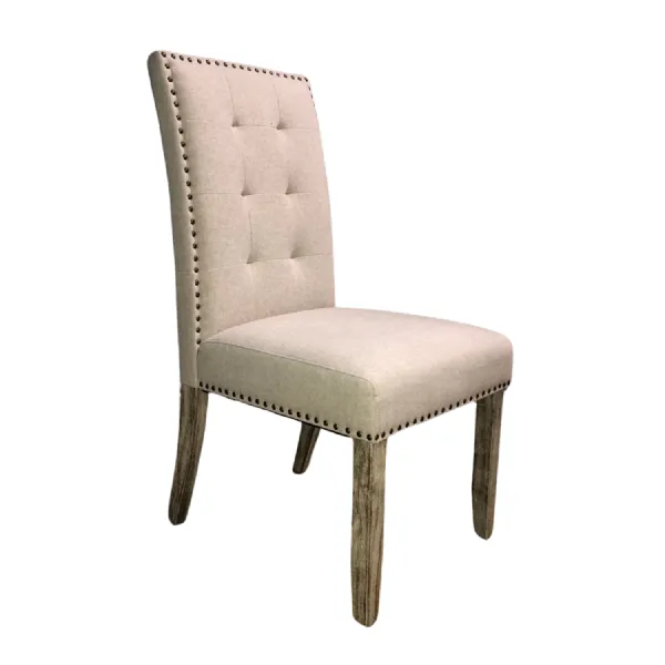 Modern Cashmere Beige Upholstered Dining Chair with Rustic Wood Legs