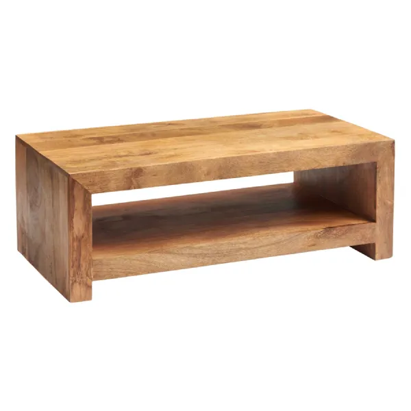Light Mango Wood Rectangular Large Coffee Table with Shelf