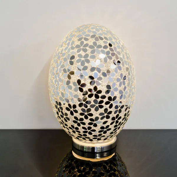 White Mosaic Mirrored Flower Design Egg Lamp Chrome Base