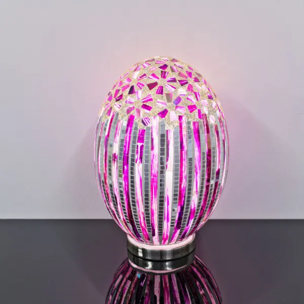 Red Rose Mosaic Glass Egg Shaped Table Lamp Chrome Base