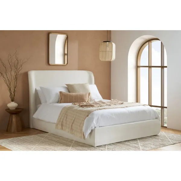 Cream Linen Fabric King Size Ottoman Bed Wingback Headboard