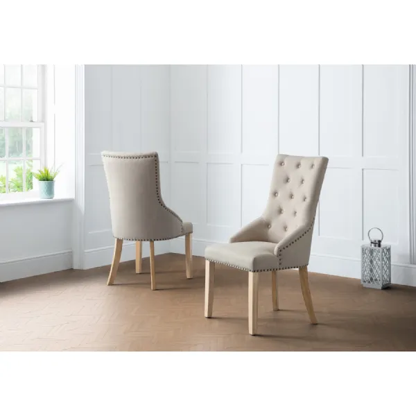 Oatmeal Linen Upholstered Button Back Dining Chair with Stud Detailing