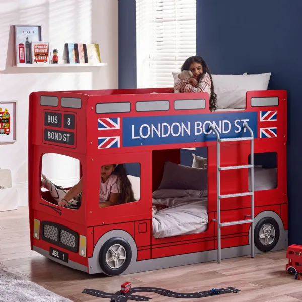 London Bus Kids Children Single 3ft 90cm High Gloss Red Wooden Bunk Bed