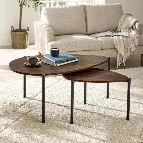 Lorette Walnut Effect Teardrop Nest Of 2 Coffee Tables