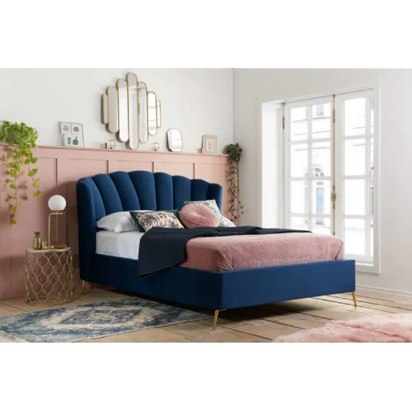 Midnight Blue Fabric Double Ottoman Bed Pleated Headboard