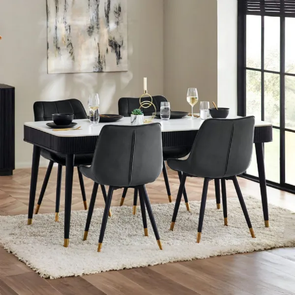 Louis Fluted Stone Top Dining Table With Drawers Black