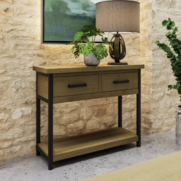 Lowry 2 Drawer Console Table Driftwood Lacquered Solid Reclaimed Pine