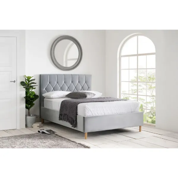 Grey Fabric 135cm Double Ottoman Bed Buttoned Headboard