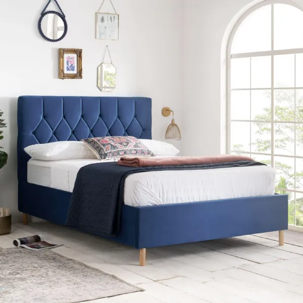 Blue Fabric Small Double Ottoman Bed Buttoned Headboard
