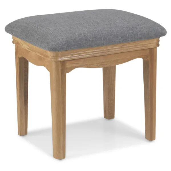 French Period Style Grey Fabric Upholstered Stool with Solid Oak Base