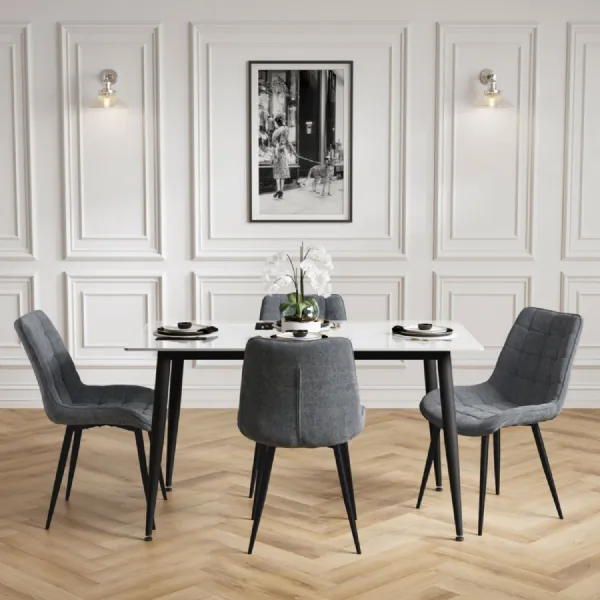 Marble Effect 4 Seater Rectangular Dining Set with Grey Chenille Chairs