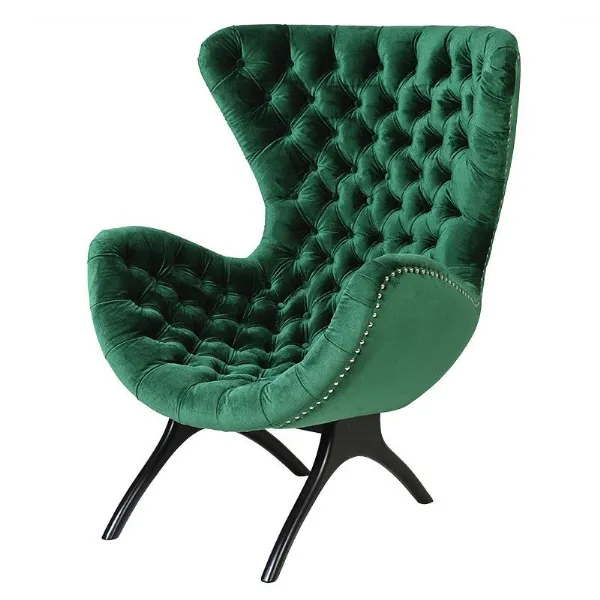 Emerald Green Curved Buttoned Chair With Black Lacquered Legs