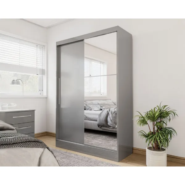 Grey Wood 2 Door Double Sliding Wardrobe with Mirror