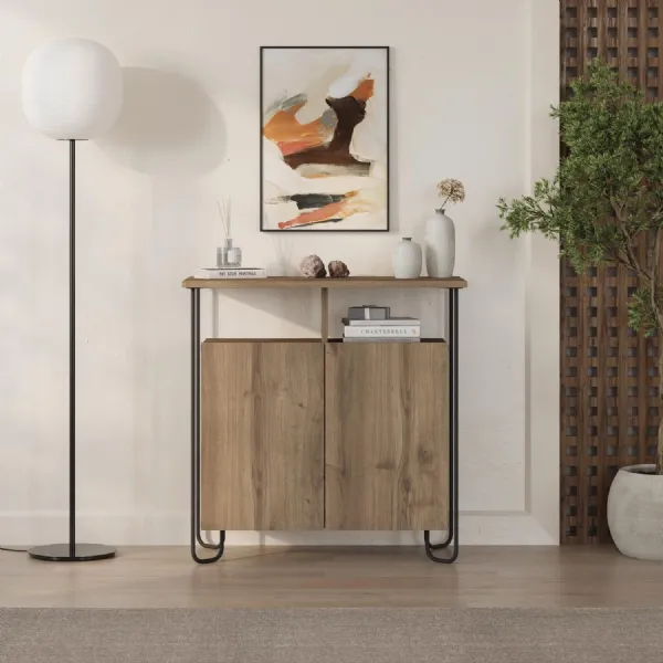 Cornea 2 Door Sideboard Buffet Unit Dark Oak with Open Shelf And Black Metal Frame
