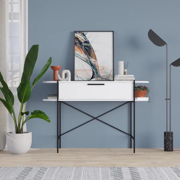 Otis 1 Drawer 2 Shelf Console Table Matt White with Black Metal Frame