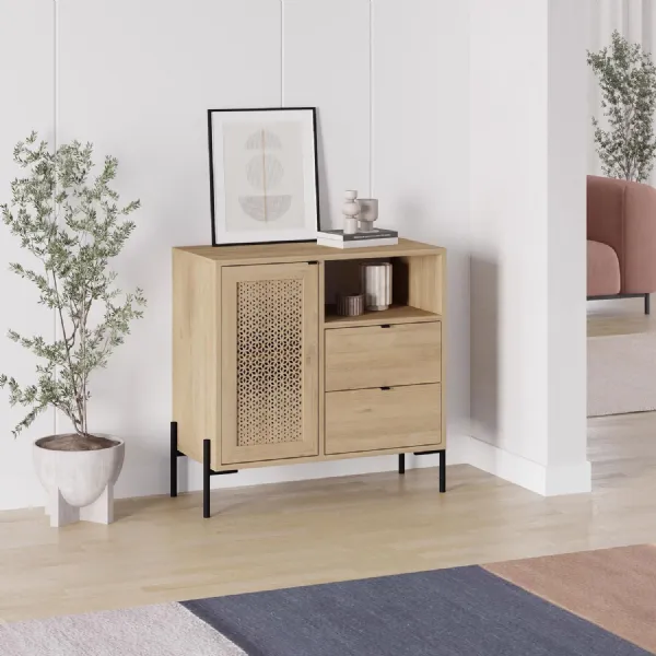 Naive 1 Door 2 Drawer Sideboard Buffet Storage Unit with Open Shelf Oak