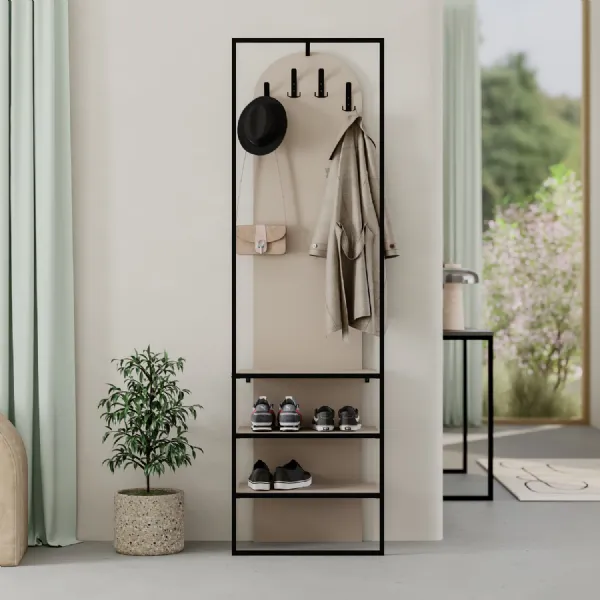 Modern Archy Hall Stand Coat Rack with Shoe Storage 180cm High Sandstone