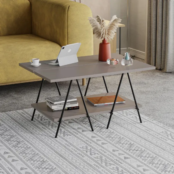Essel Centre Coffee Table Mocha Grey Metal Trestle Legs 80cm