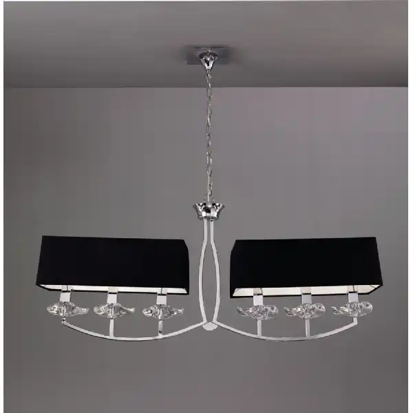 Akira Linear Pendant 2 Arm 6 Light E14, Polished Chrome With Black Shades
