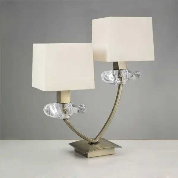 Akira Table Lamp 2 Light E14, Antique Brass With Cream Shades