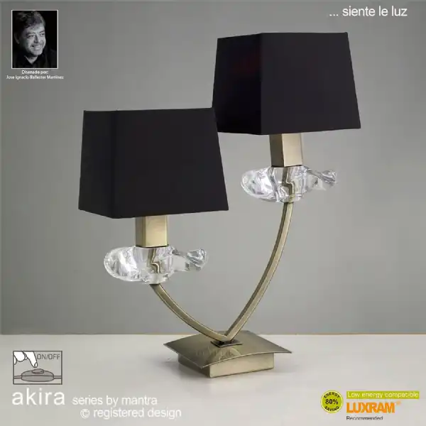 Akira Table Lamp 2 Light E14, Antique Brass With Black Shades
