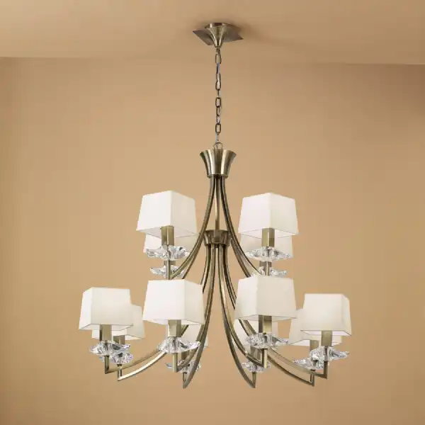 Akira Pendant 2 Tier 12 Light E14, Antique Brass With Cream Shades