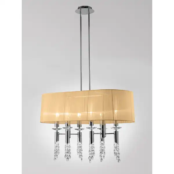 Tiffany Pendant 6+6 Light E27+G9 Oval, Polished Chrome With Soft Bronze Shade And Clear Crystal