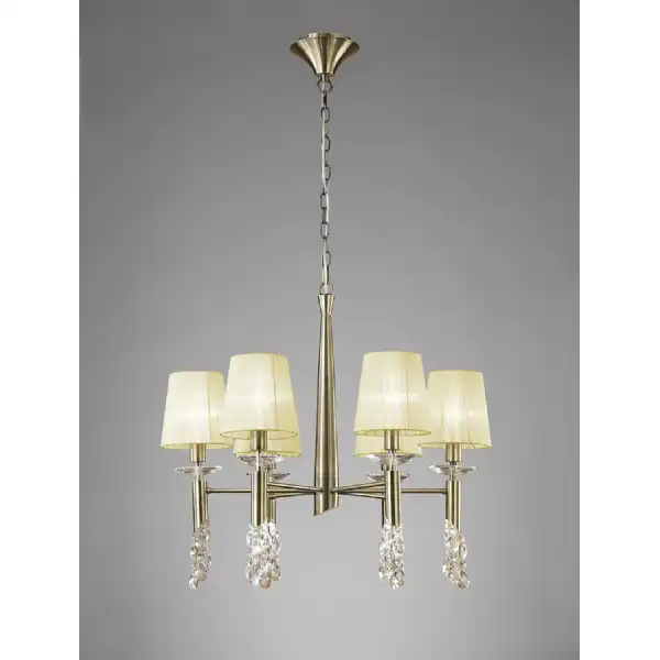 Tiffany Pendant 6+6 Light E14+G9, Antique Brass With Cream Shades And Clear Crystal
