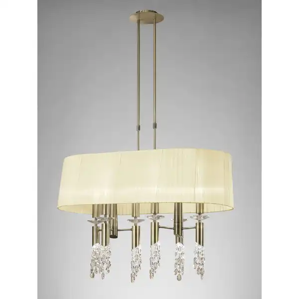 Tiffany Pendant 6+6 Light E27+G9 Oval, Antique Brass With Cream Shade And Clear Crystal