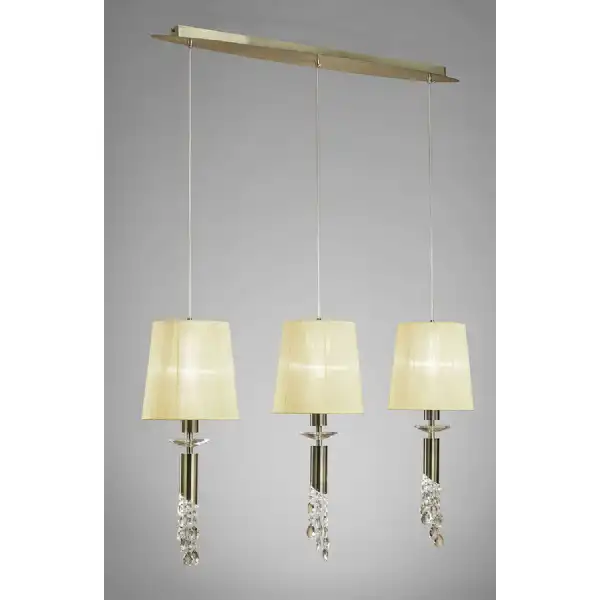 Tiffany Linear Pendant 3+3 Light E27+G9 Line, Antique Brass With Cream Shades And Clear Crystal