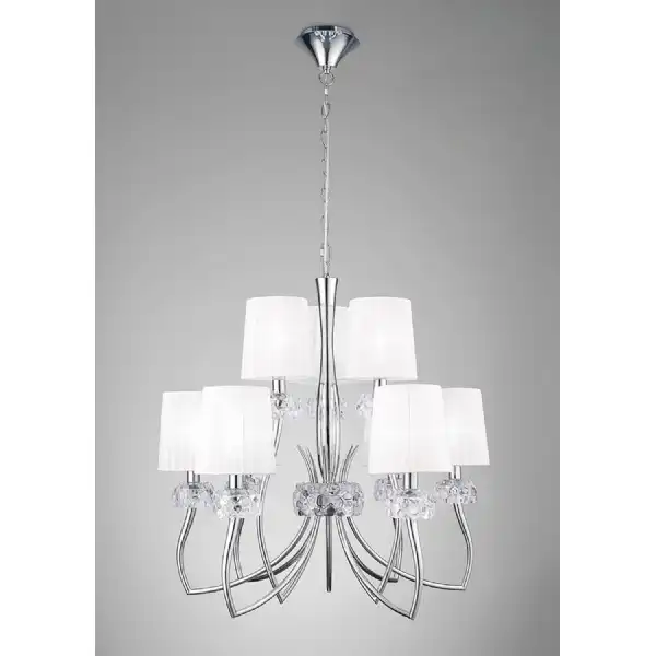 Loewe 2 Tier Pendant 6+3 Light E14, Polished Chrome With White Shades