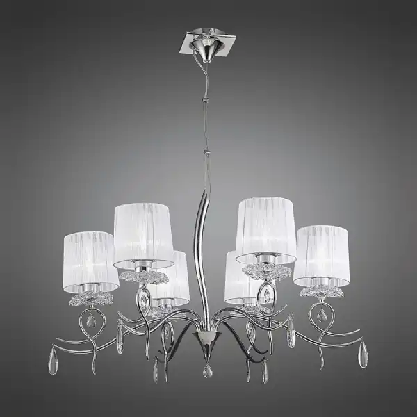 Louise Pendant 6 Light E27 With White Shades Polished Chrome Clear Crystal