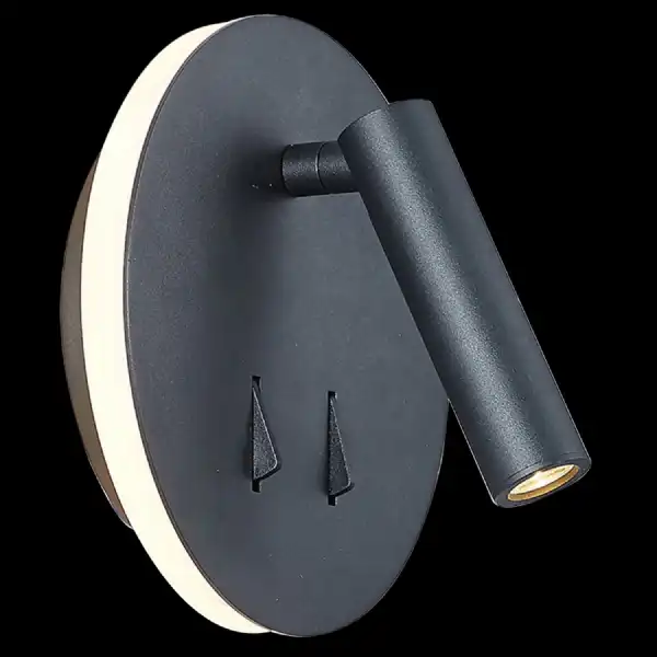 Cayman Round Wall Plus Reading Light, 6W Plus 3W LED, 3000K, 620lm Total, Individually Switched, Sand Black, 3yrs Warranty