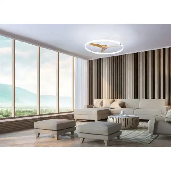 Nepal 75W LED Dimmable Ceiling Light With Built In 35W DC Reversible Fan, White Wood Finish c w Remote, APP And Alexa Google Voice Control, 7200lm