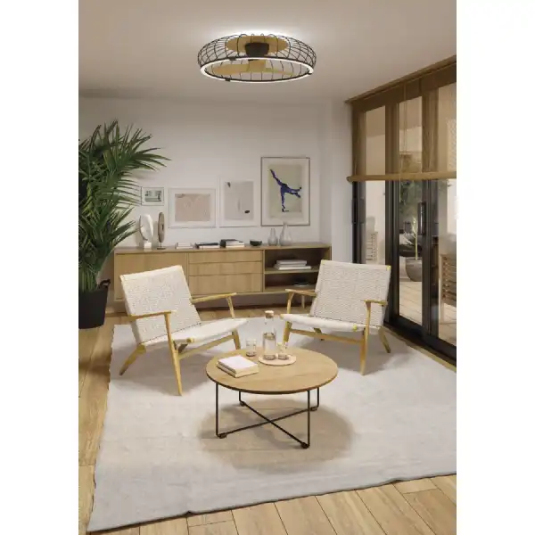 Nature 75W LED Dimmable Ceiling Light With Built In 30W DC Reversible Fan, Black Wood Finish c w Remote And APP Control, 5000lm