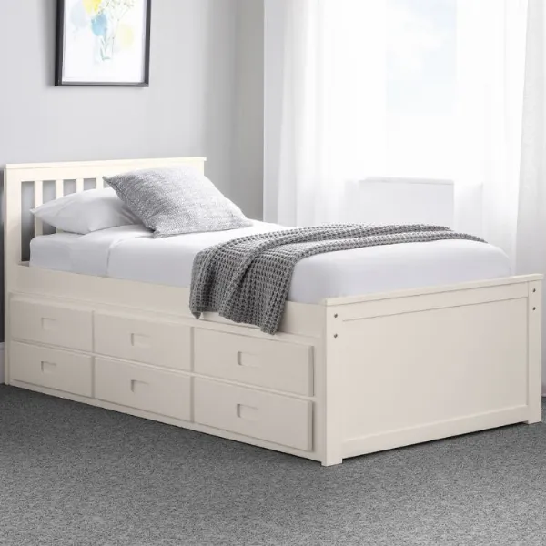 White Lacquered Wood 3ft Single Bed with Pull Out Bed and 3 Storage Drawers