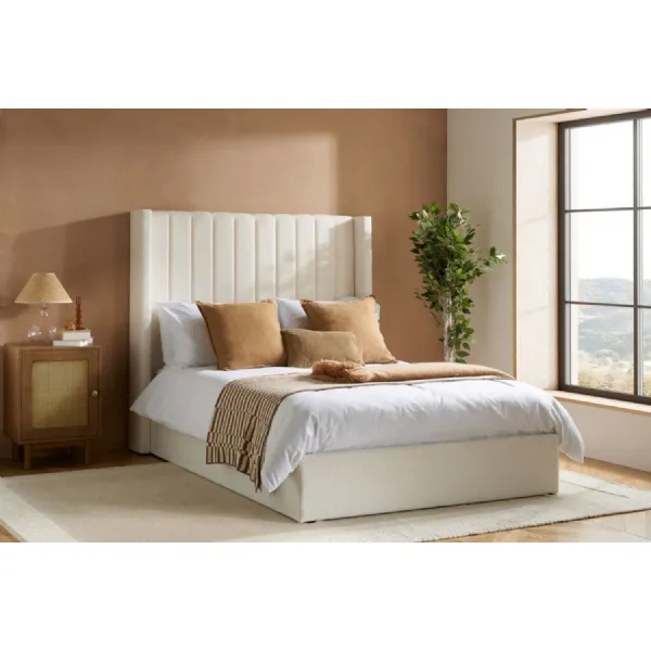 White Boucle Fabric King Size Ottoman Bed Wingback Headboard