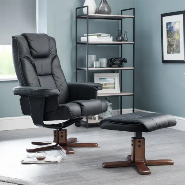 Black Faux Leather Upholstered Swivel Recliner Armchair and Matching Footstool
