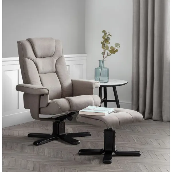 Grey Linen Upholstered Swivel Recliner Armchair and Matching Footstool