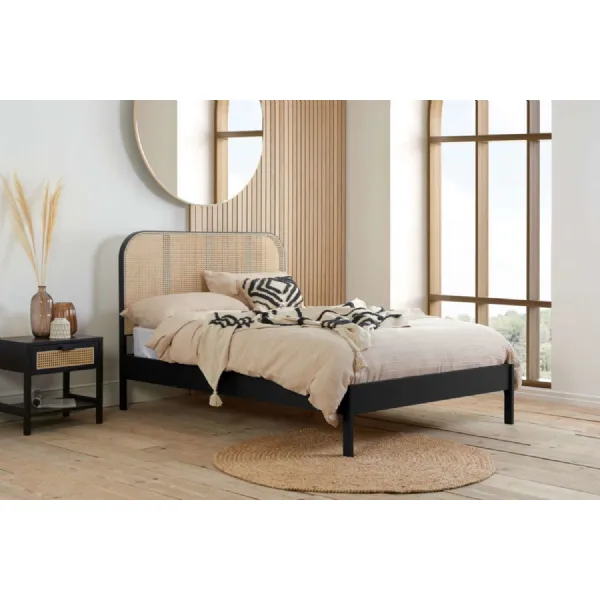 Black Oak Super King Size Bed Curved Rattan Headboard