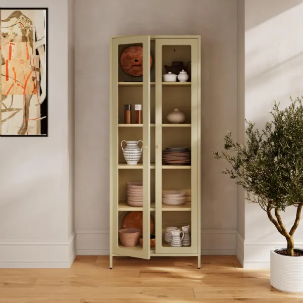 Beige Steel Tall Industrial Display Cabinet Glass Panels