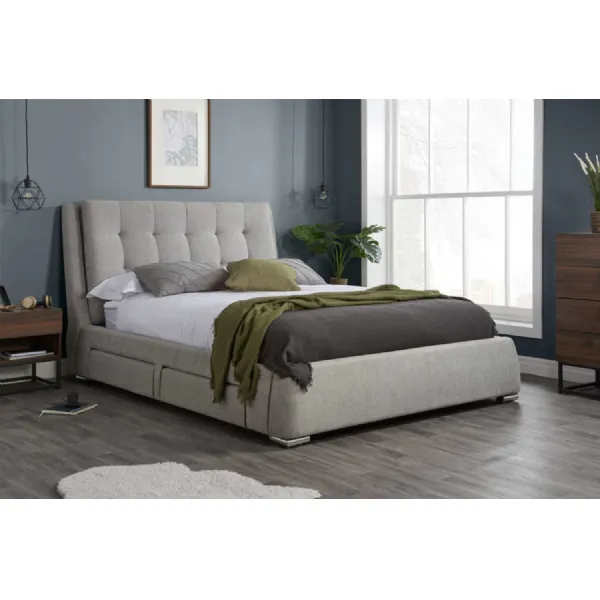 Grey Fabric 4 Drawer Super King Size Bed Buttoned Headboard